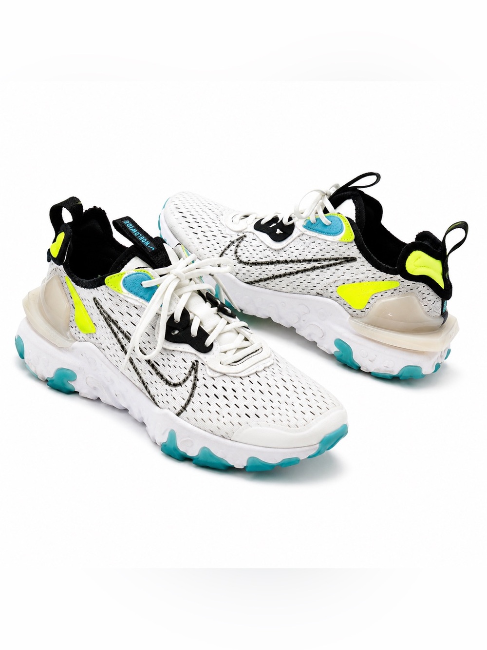 Nike React Vision Kids' White Sneakers with Teal and Neon Yellow Size 4Y